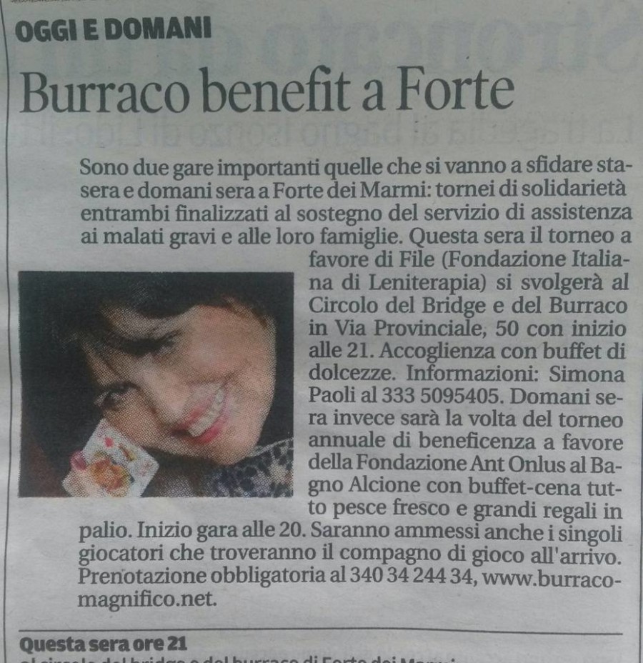 BURRACO BENEFIT il Tirreno Versilia